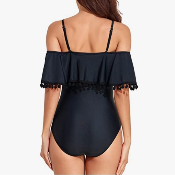 Tempt Me Black One Piece Pom Pom Ruffle Swimsuit Off Shoulder Swimwear Size M - Picture 3 of 12